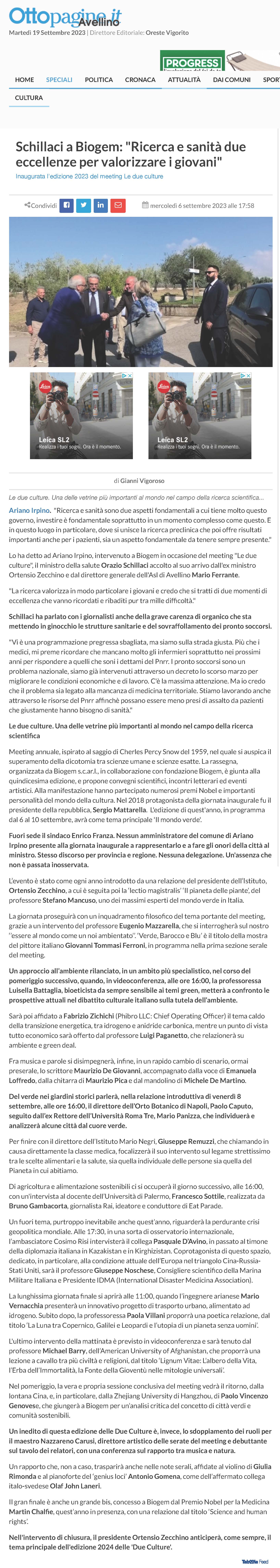 Schillaci a Biogem: "Ricerca e sanità due eccellenze per valorizzare i giovani"